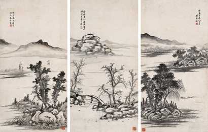 梅振瀛 甲子（1864年）作 拟各家山水 条屏